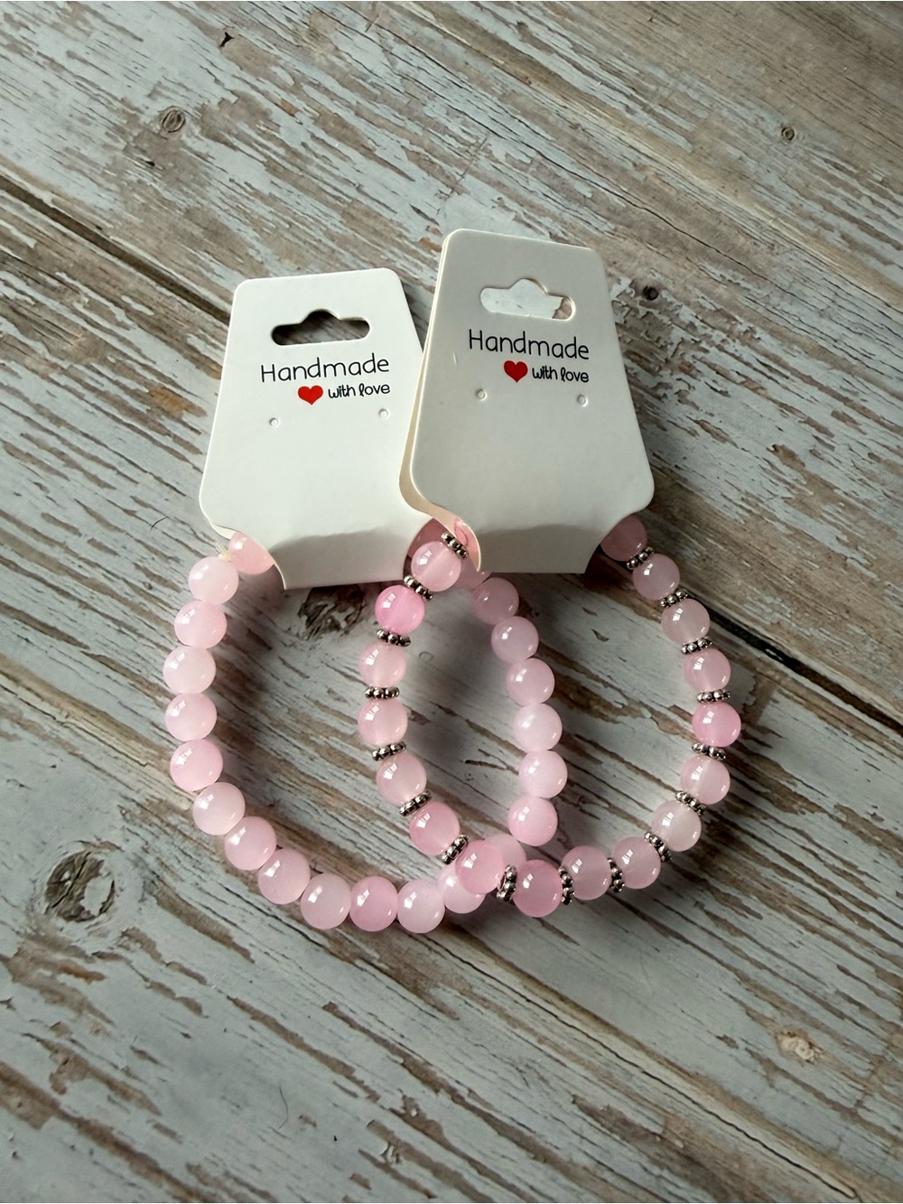 Handmade Pink Beaded Stretch Bracelets - Set of 2